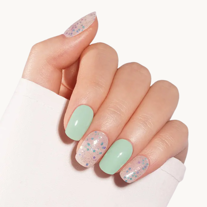 MELINA pastel mint and silver glitter UV gel nail strips