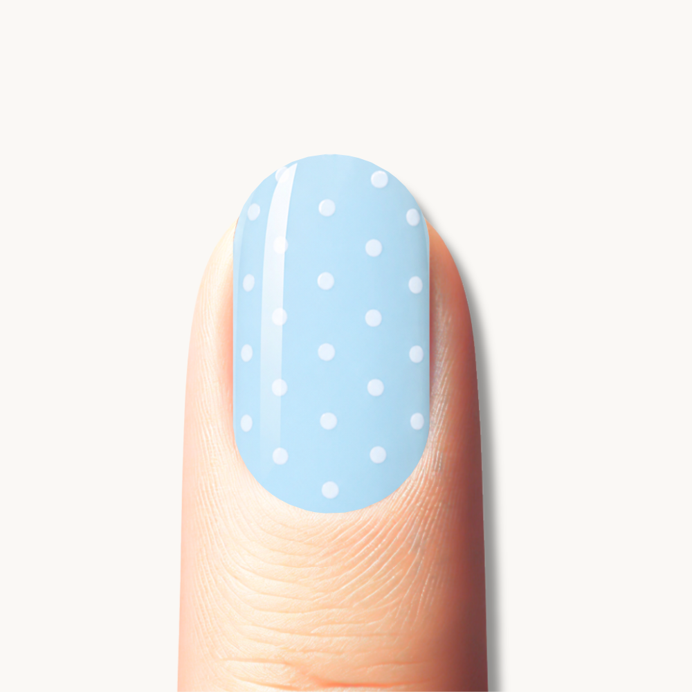 BELLY pastel blue UV gel nail strips with white polka dot nail art