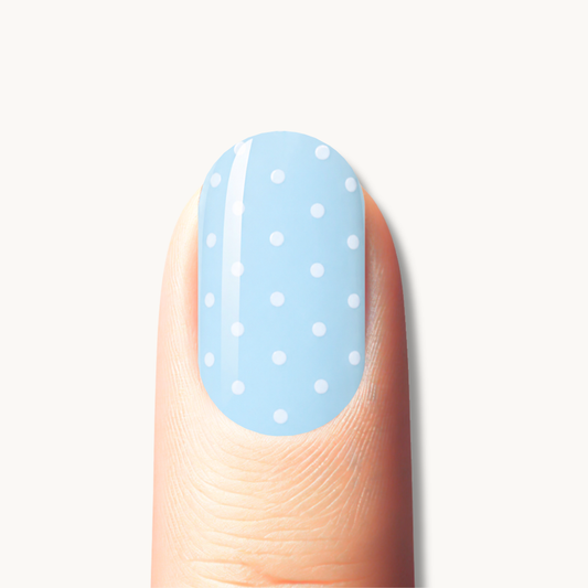 BELLY pastel blue UV gel nail strips with white polka dot nail art